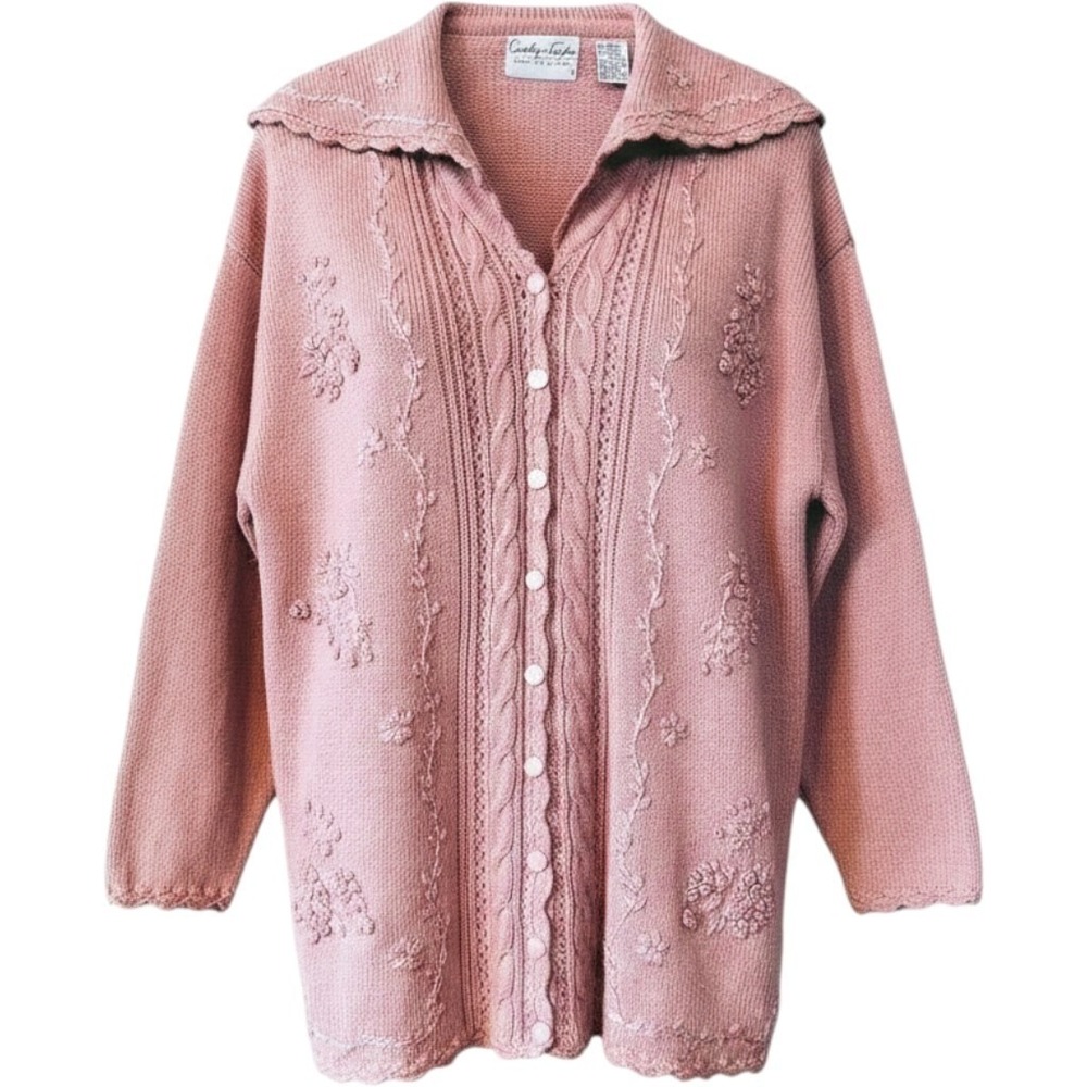 Powder Pink Embroidered Cardigan Med Women Sailor Collar Soft Girl Cottage Core